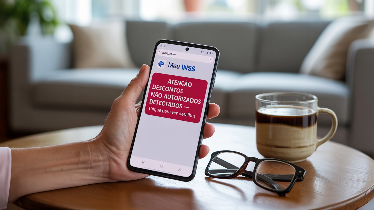Aplicativo Meu INSS mostrando notificação sobre descontos